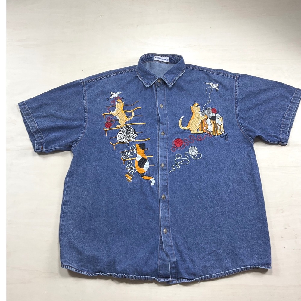 Elfrid Eden Embroidered Cat Yarn Denim Shirt Short Sleeve Blue Medium Wash S